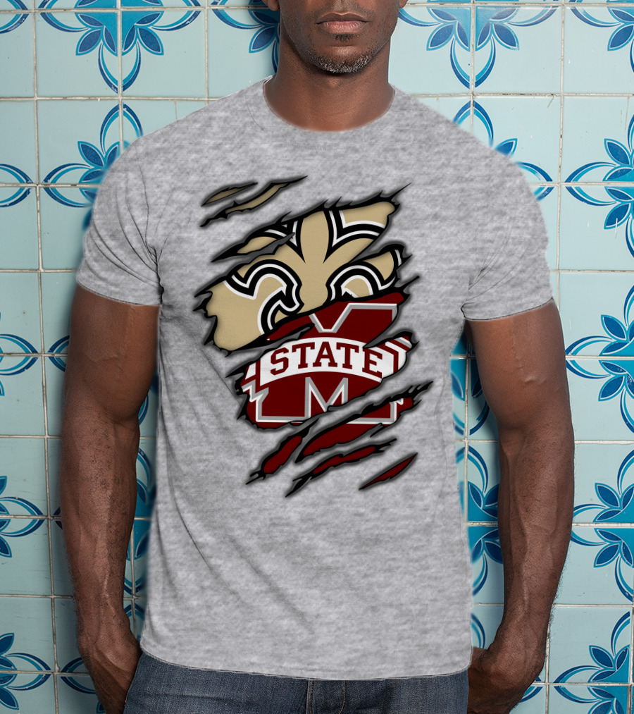 Saints Mississippi State Bulldogs Fleur-de-Lis Logo Combo T-Shirt