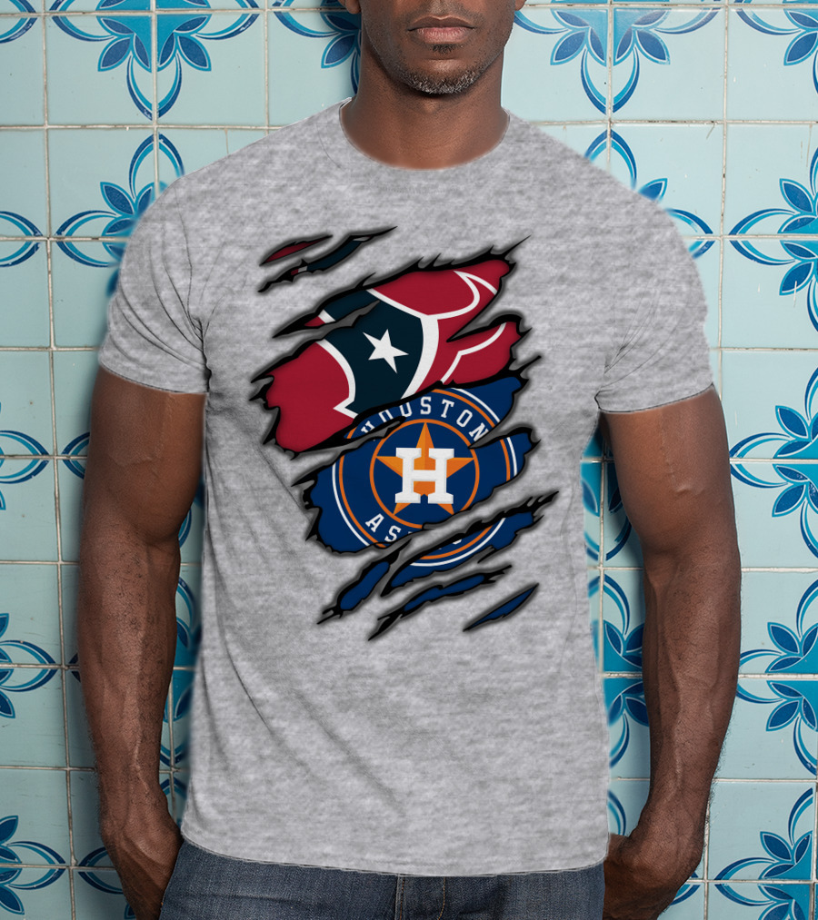 Houston Texans And Astros Logos Ripped T-Shirt