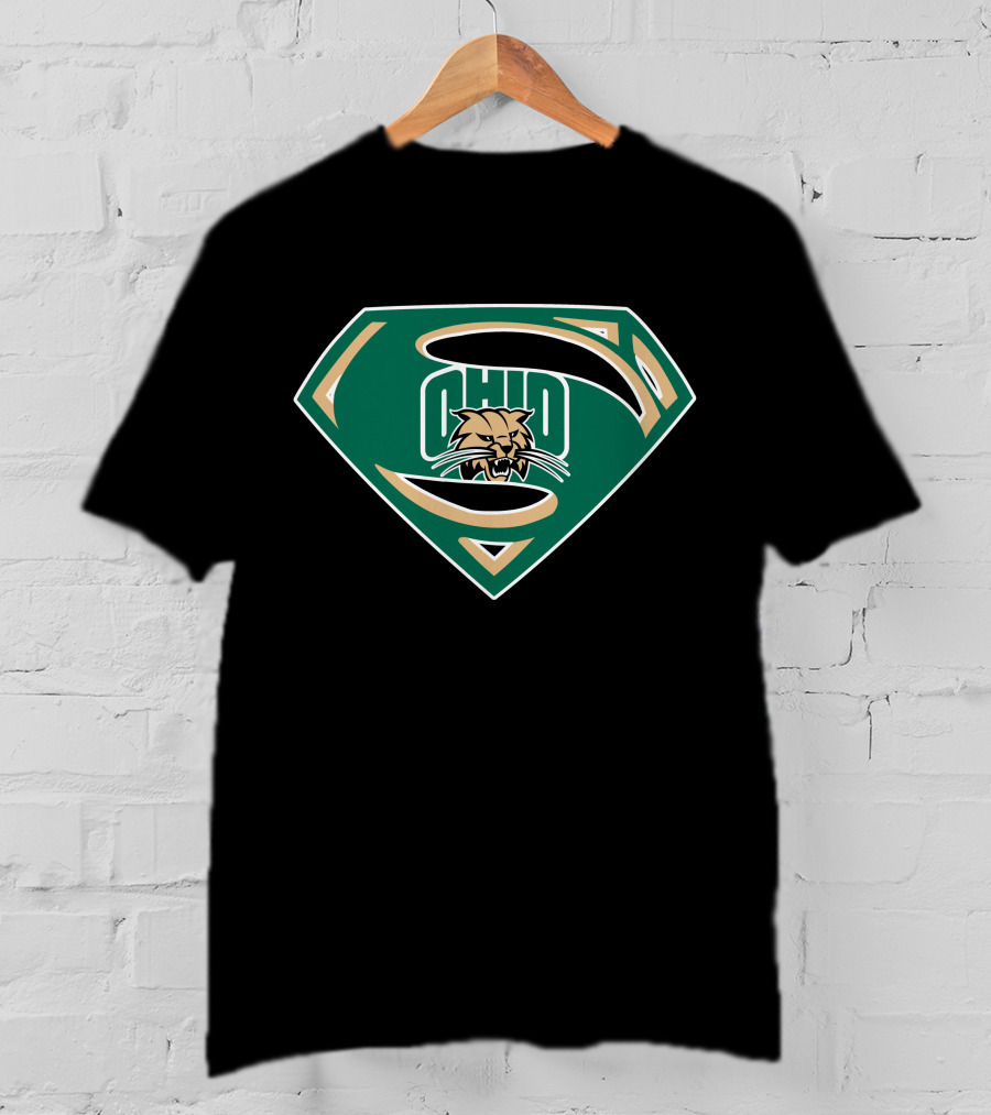 Superman Ohio Bobcats Logo Green And Gold Shield T-Shirt