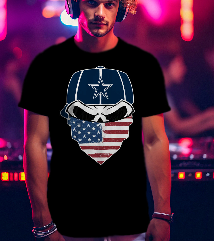 Cowboys Skull With Star Cap And American Flag Bandana T-Shirt