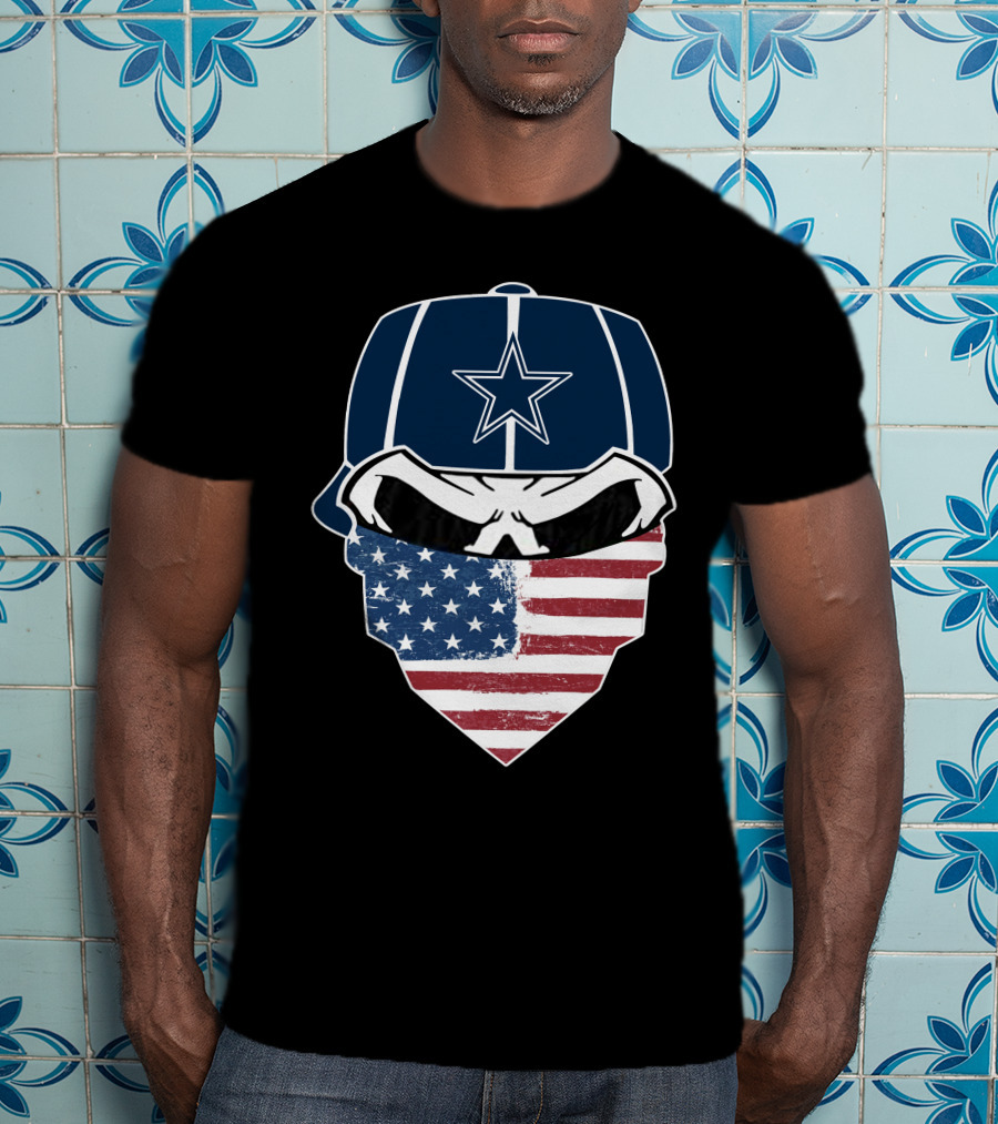 Cowboys Skull With Star Cap And American Flag Bandana T-Shirt