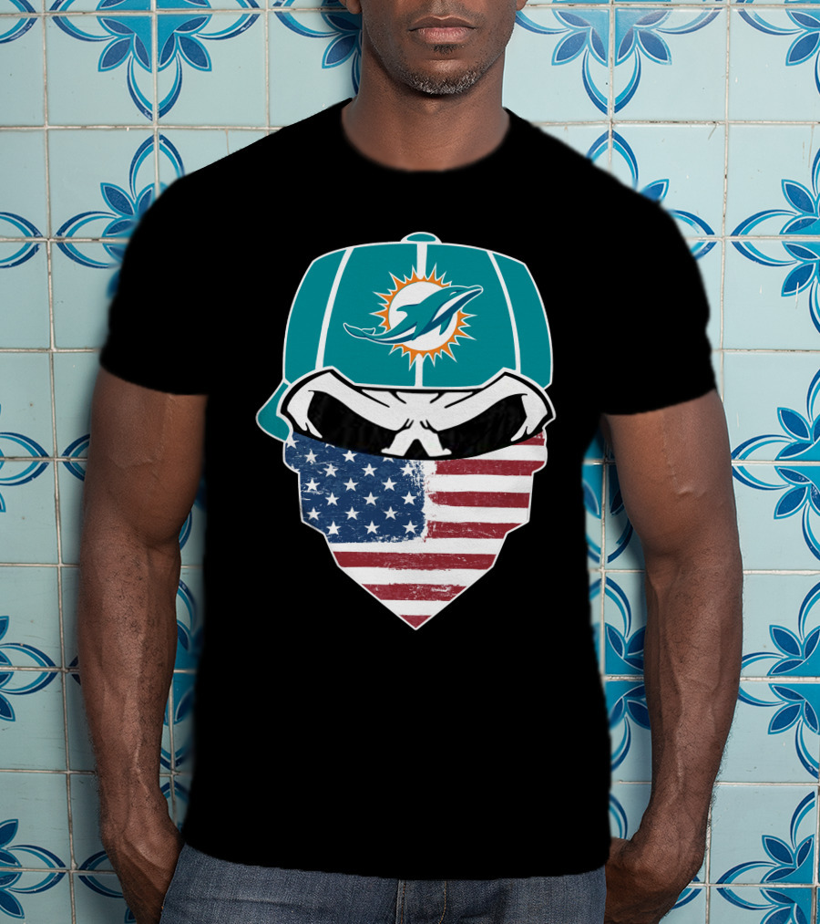 Miami Dolphins Skull American Flag Bandana T-Shirt