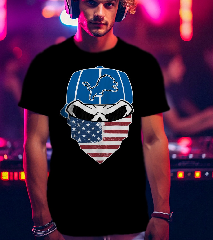 Detroit Lions Skull Bandana American Flag T-Shirt