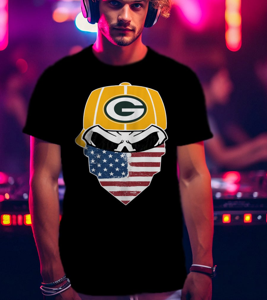 Packers Skull USA Flag Bandana Green Bay Packers Helmet T-Shirt