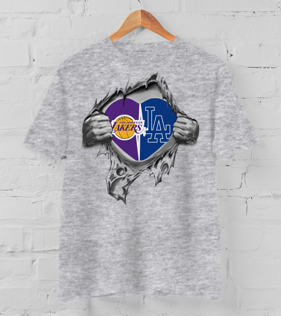 Los Angeles Lakers Dodgers Heart Rip T-Shirt