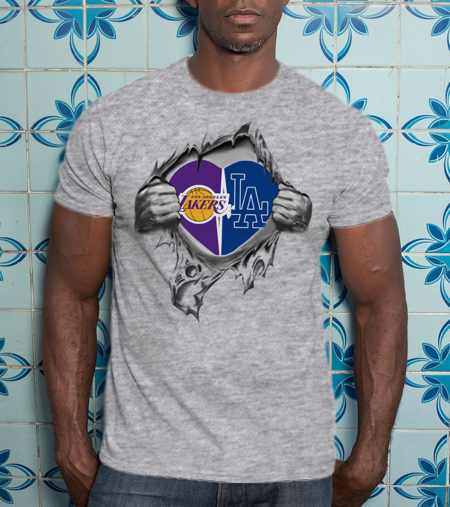 Los Angeles Lakers Dodgers Heart Rip T-Shirt