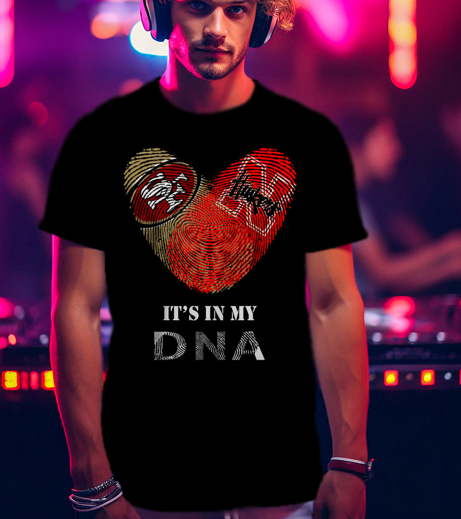 49ers And Nebraska Cornhuskers It's In My Dna Heart-Shaped Fingerprint T-Shirt