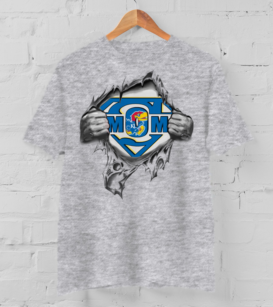 Kansas Jayhawks Super Mom Logo With Superman Emblem Torn T-Shirt