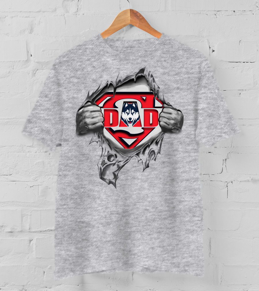 Uconn Huskies Super Dad Superman Logo Pulled Open With Mascot T-Shirt