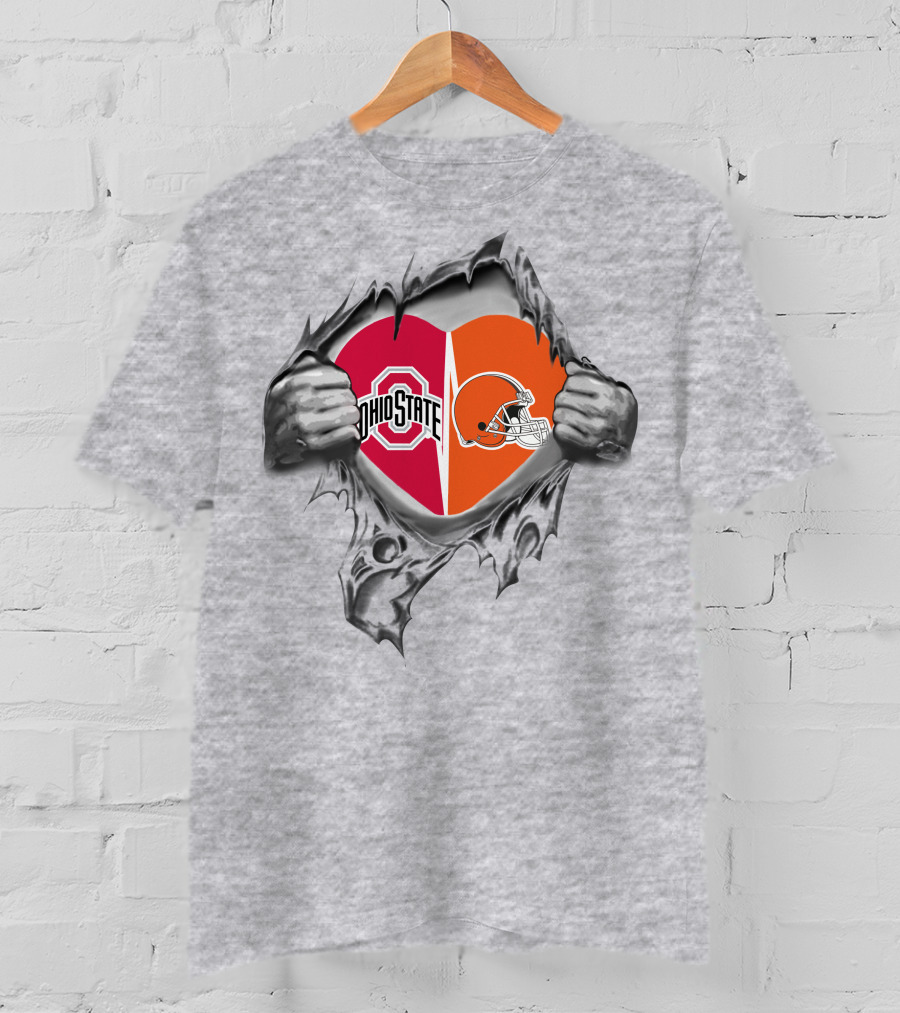 Browns Ohio State Buckeyes Heart With Helmet Logo And Scarlet Gray T-Shirt