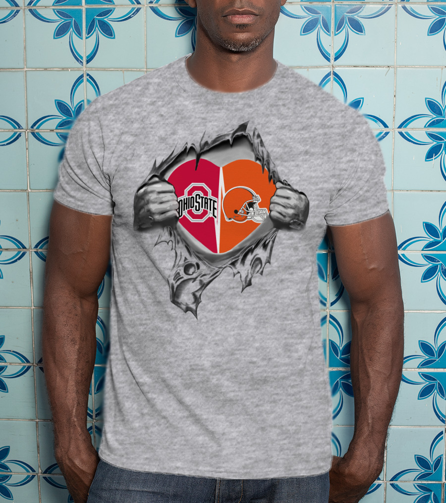 Browns Ohio State Buckeyes Heart With Helmet Logo And Scarlet Gray T-Shirt