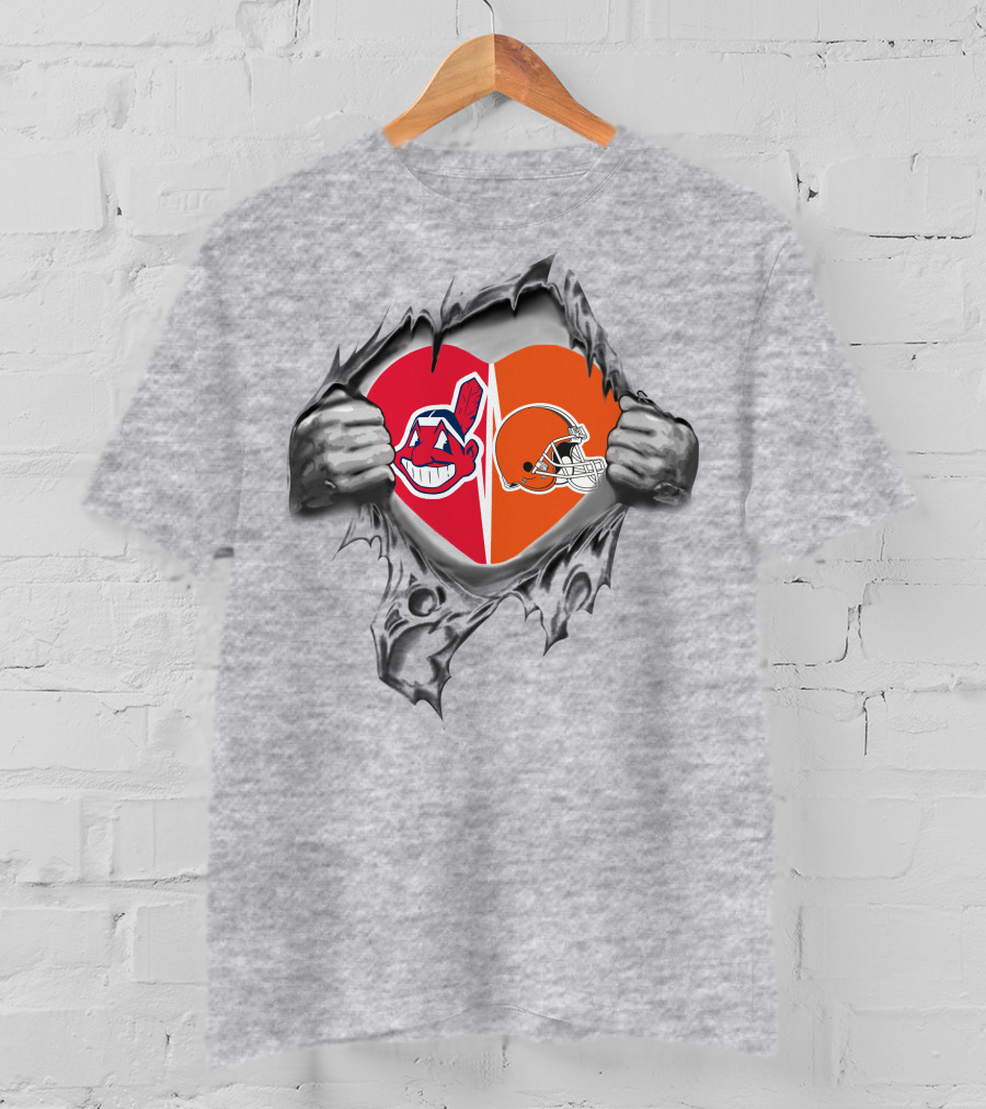 Cleveland Browns Indians Heart Chief Wahoo Football Helmet Tear T-Shirt
