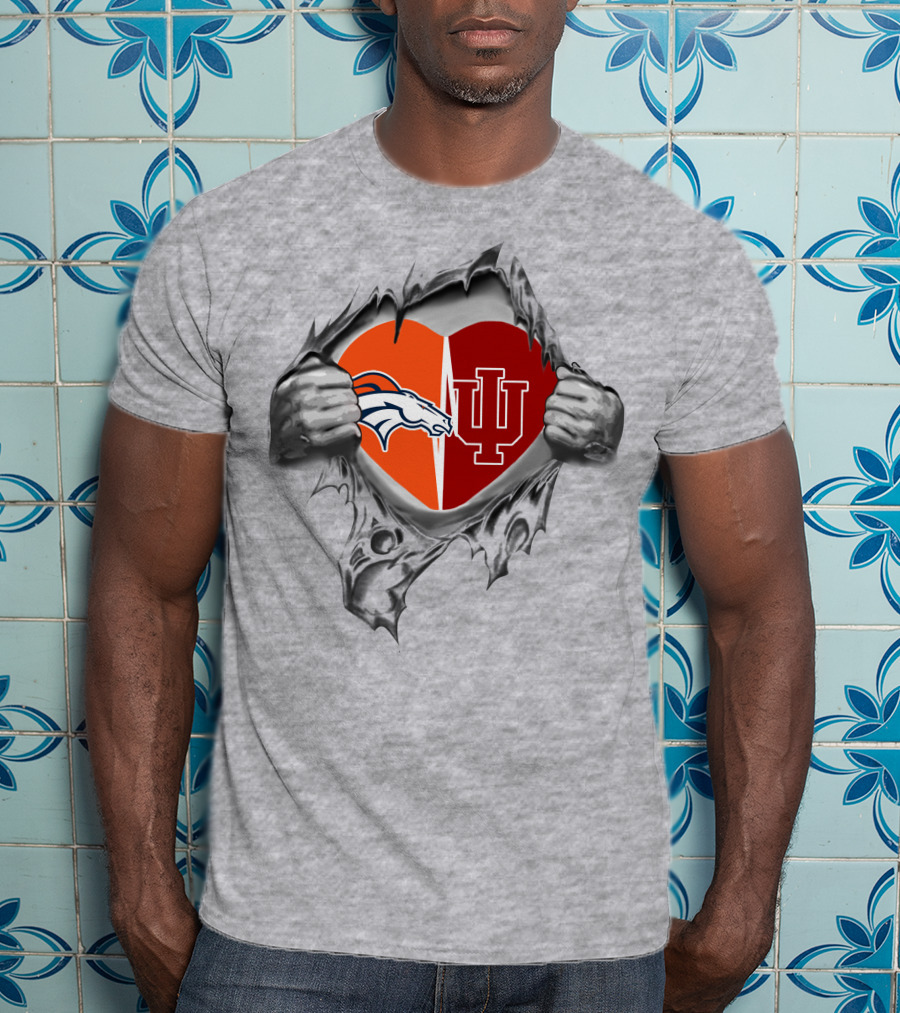 Denver Broncos Indiana Hoosiers Heart Symbol With Team Logos T-Shirt