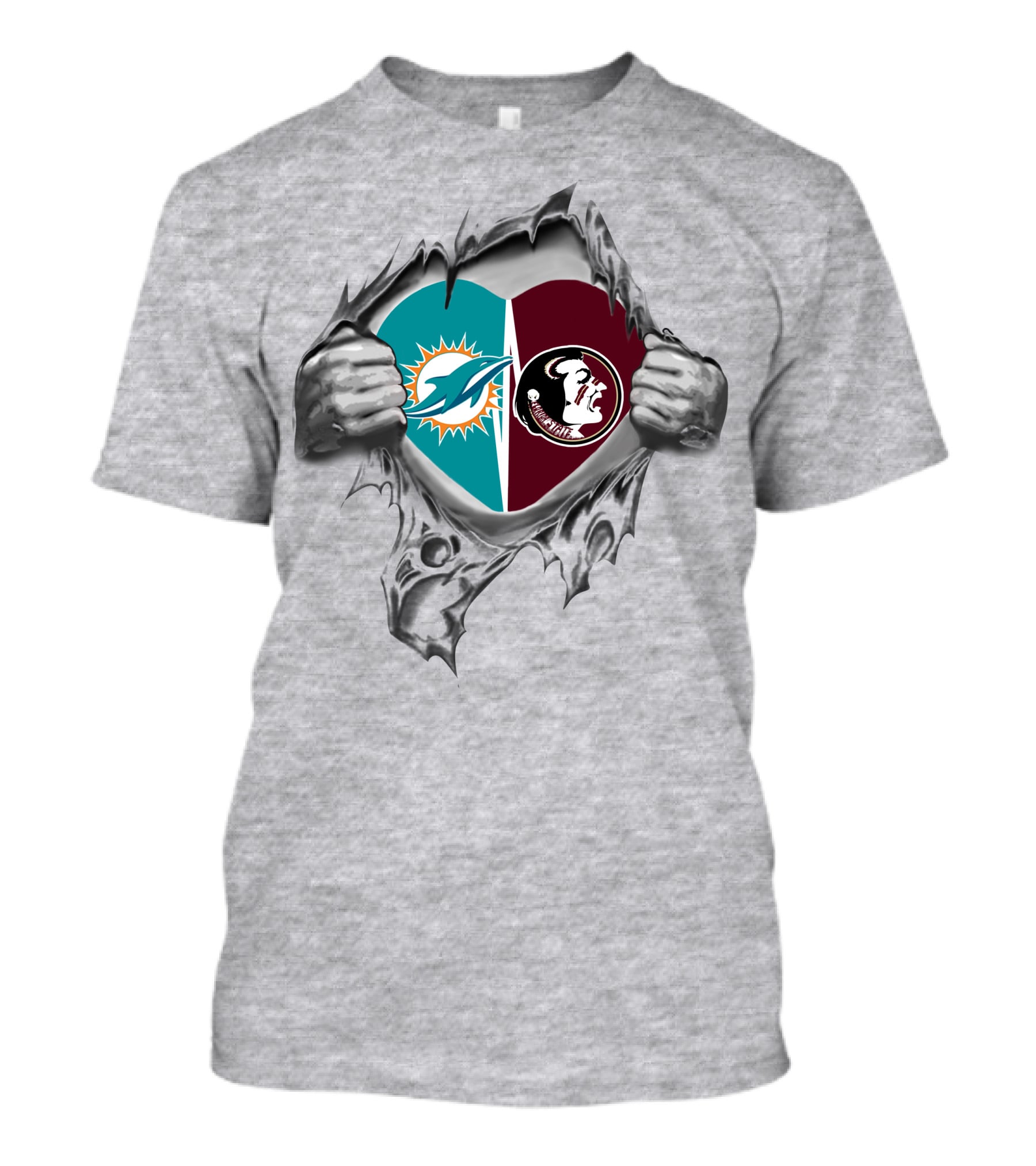 Dolphins Fsu Seminoles Heart Logos Torn Fabric T-Shirt