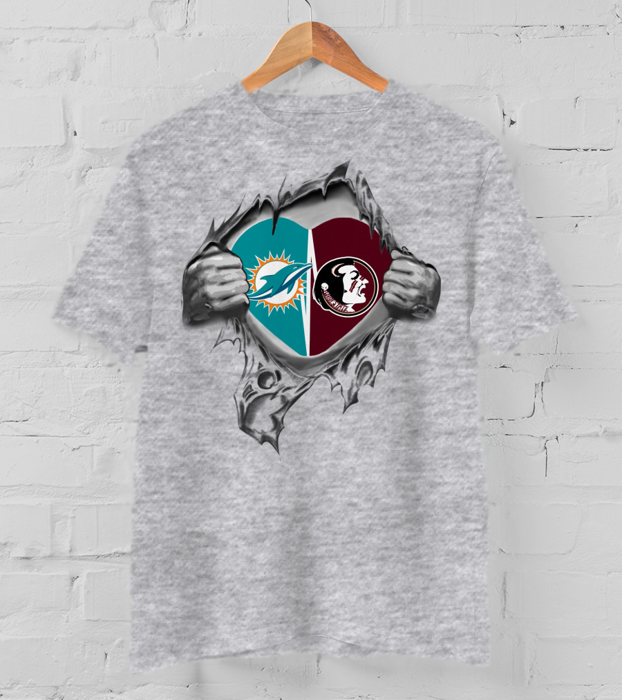 Dolphins Fsu Seminoles Heart Logos Torn Fabric T-Shirt