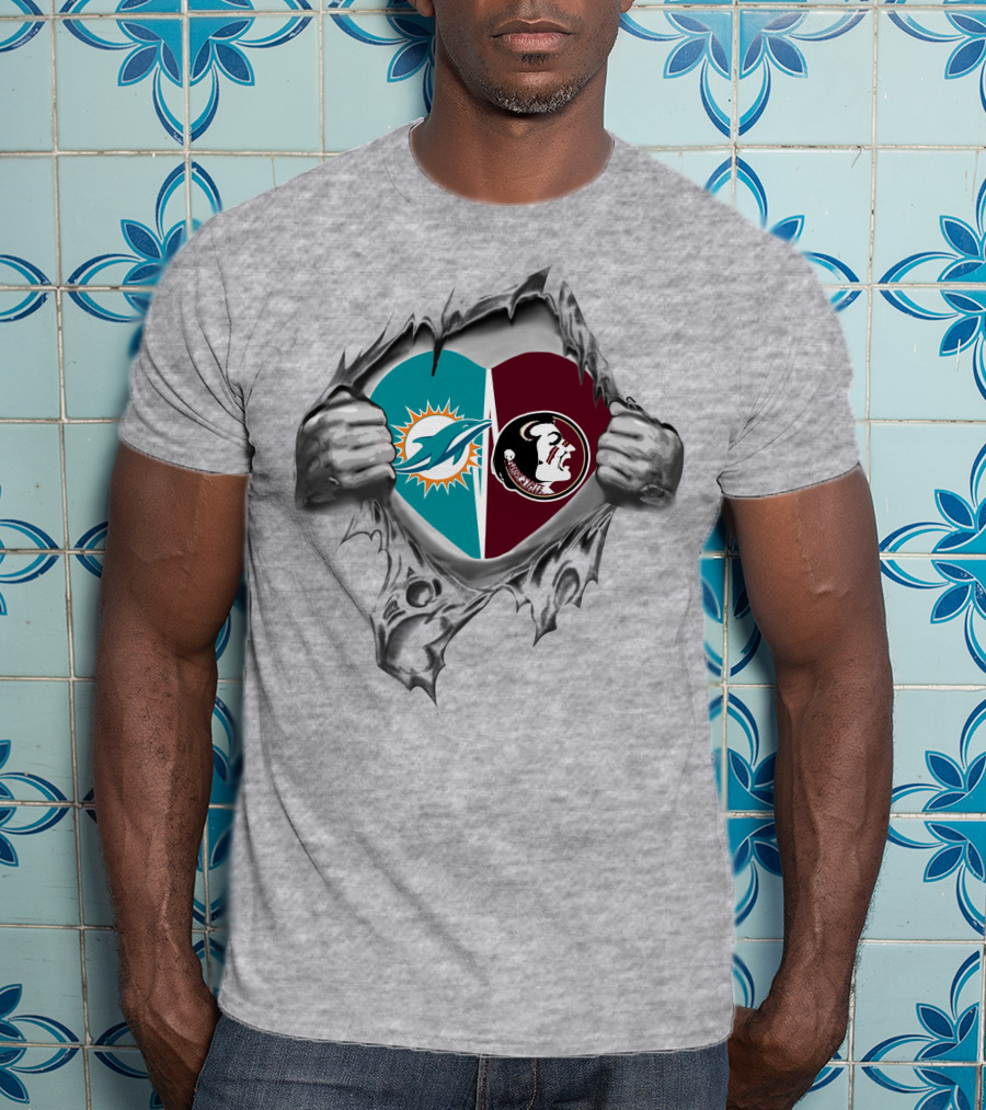 Dolphins Fsu Seminoles Heart Logos Torn Fabric T-Shirt