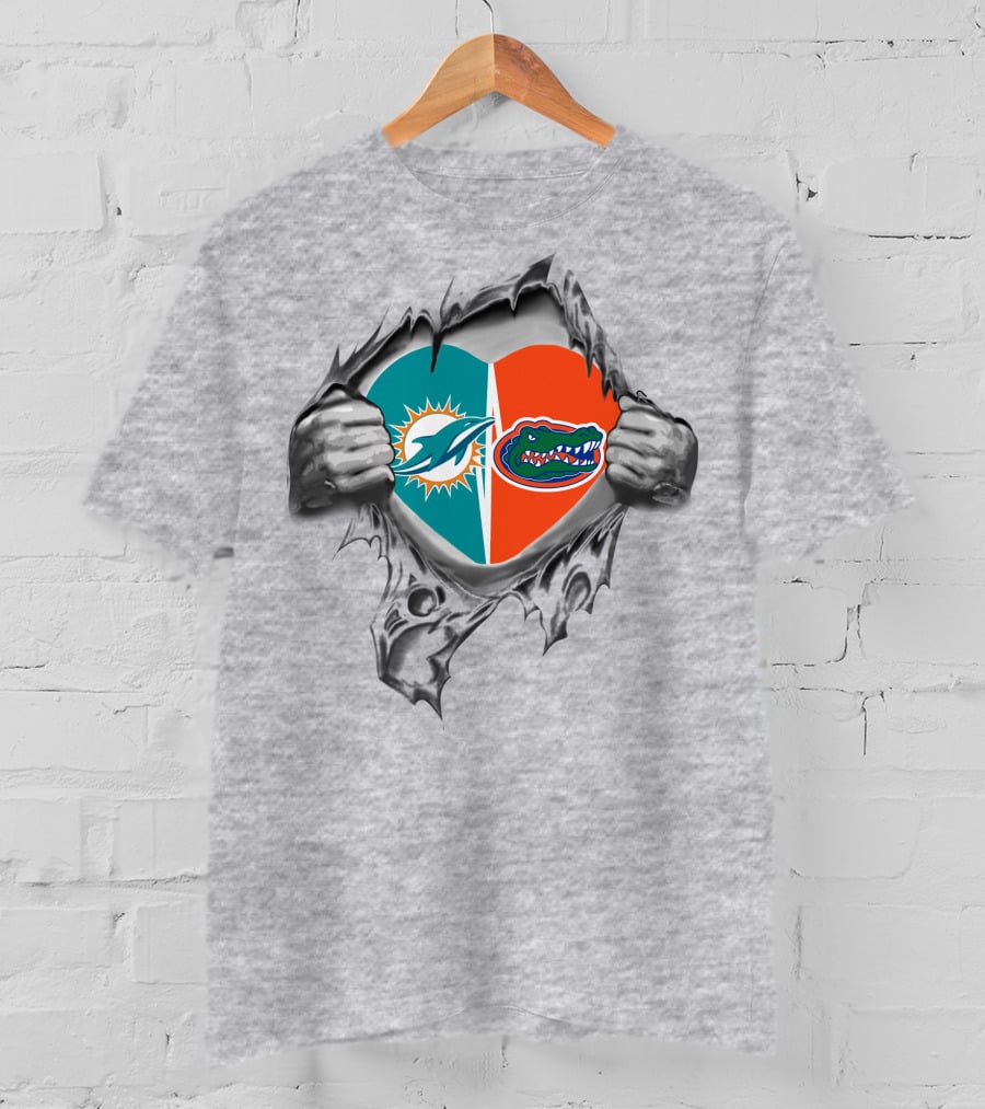 Dolphins Gators Heart Logo Split Ripped T-Shirt
