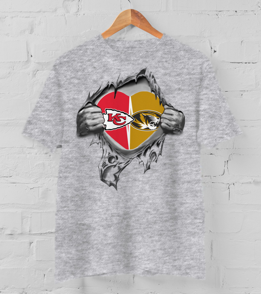 Kansas City Chiefs Missouri Tigers Heart Symbol Connection T-Shirt