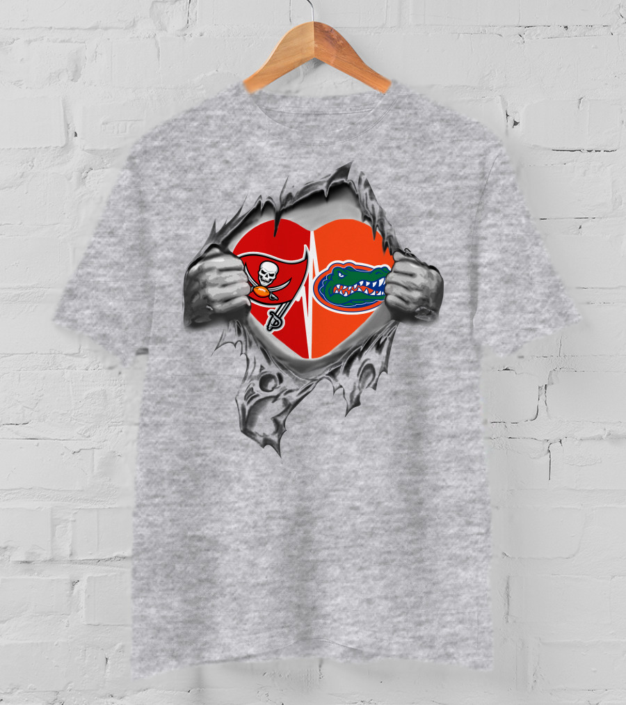 Tampa Bay Buccaneers Florida Gators Heartbeat Inside Tear Rip Pull Style T-Shirt
