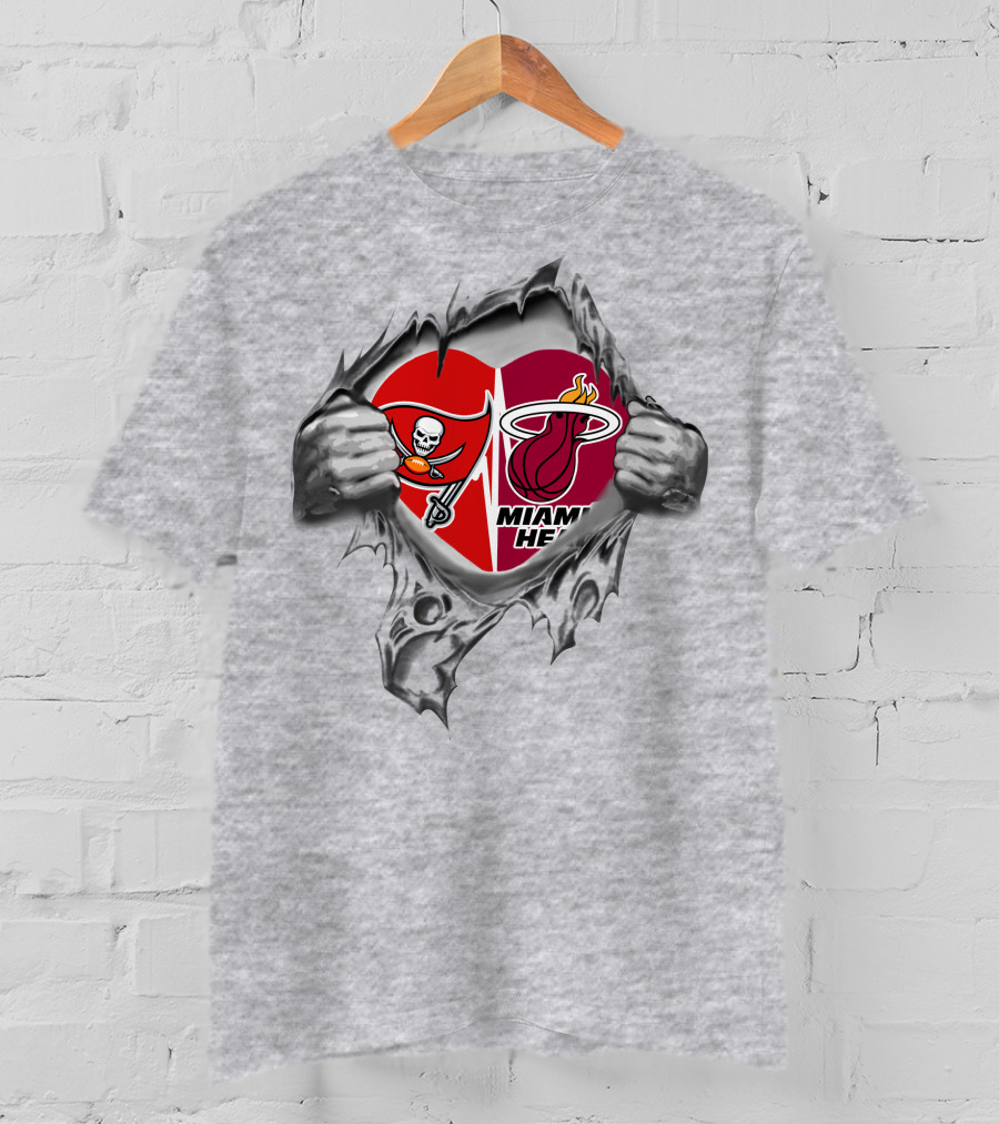 Tampa Bay Buccaneers Miami Heat Logos Heart Motif T-Shirt