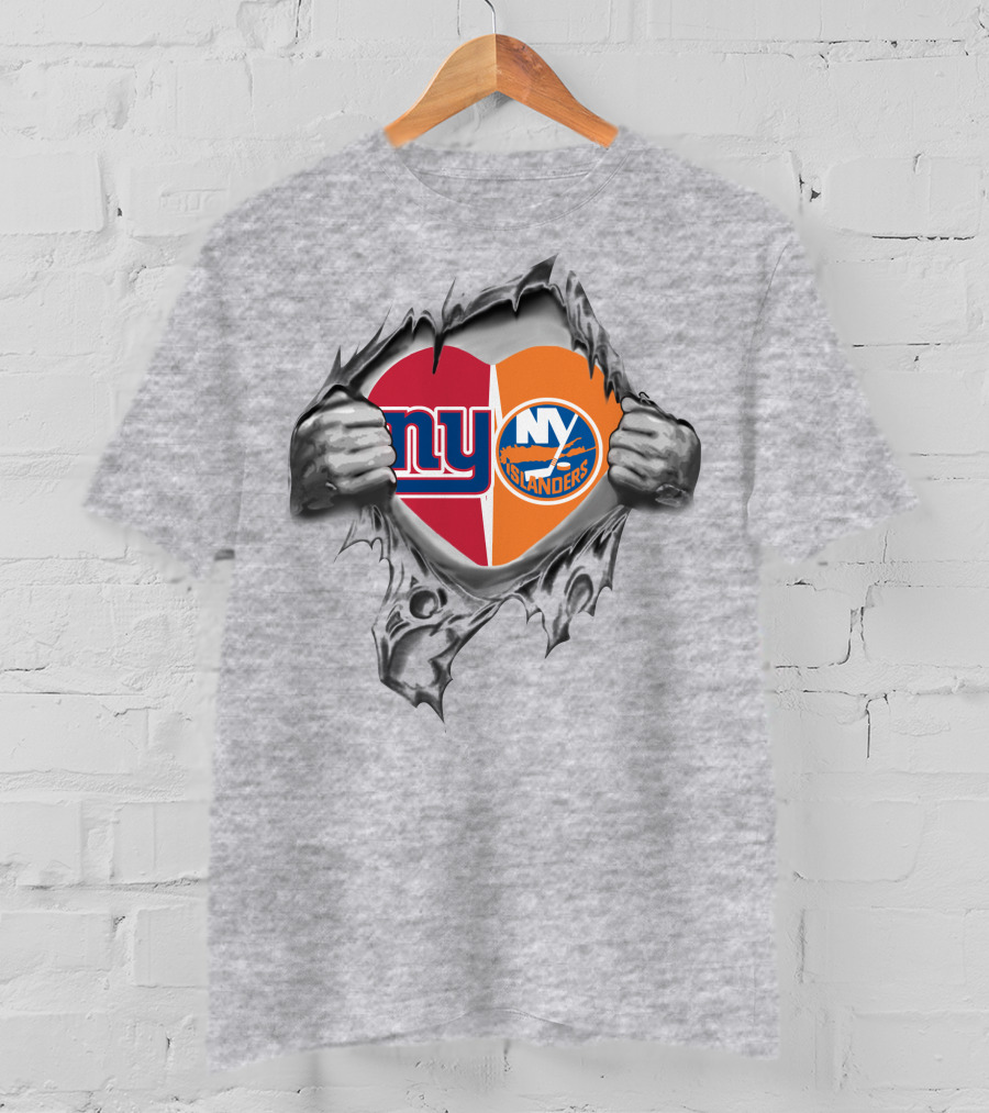 New York Giants And Islanders Heart Ripped Open T-Shirt