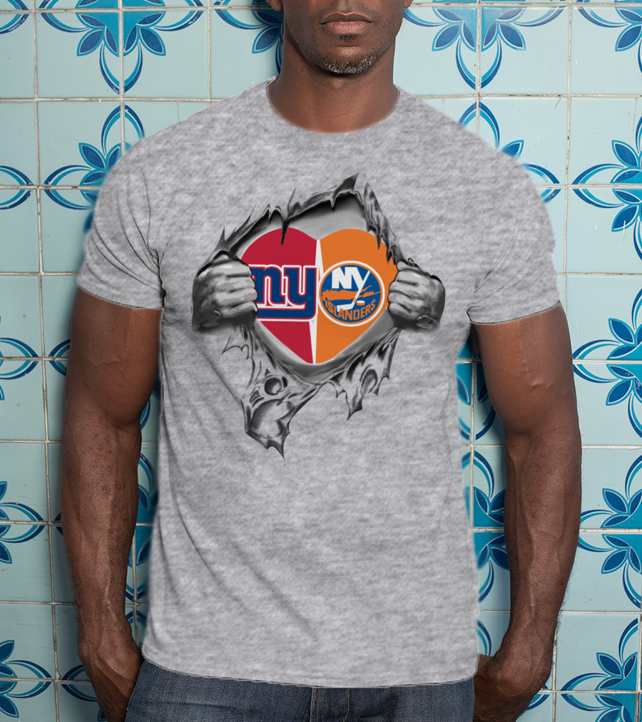 New York Giants And Islanders Heart Ripped Open T-Shirt