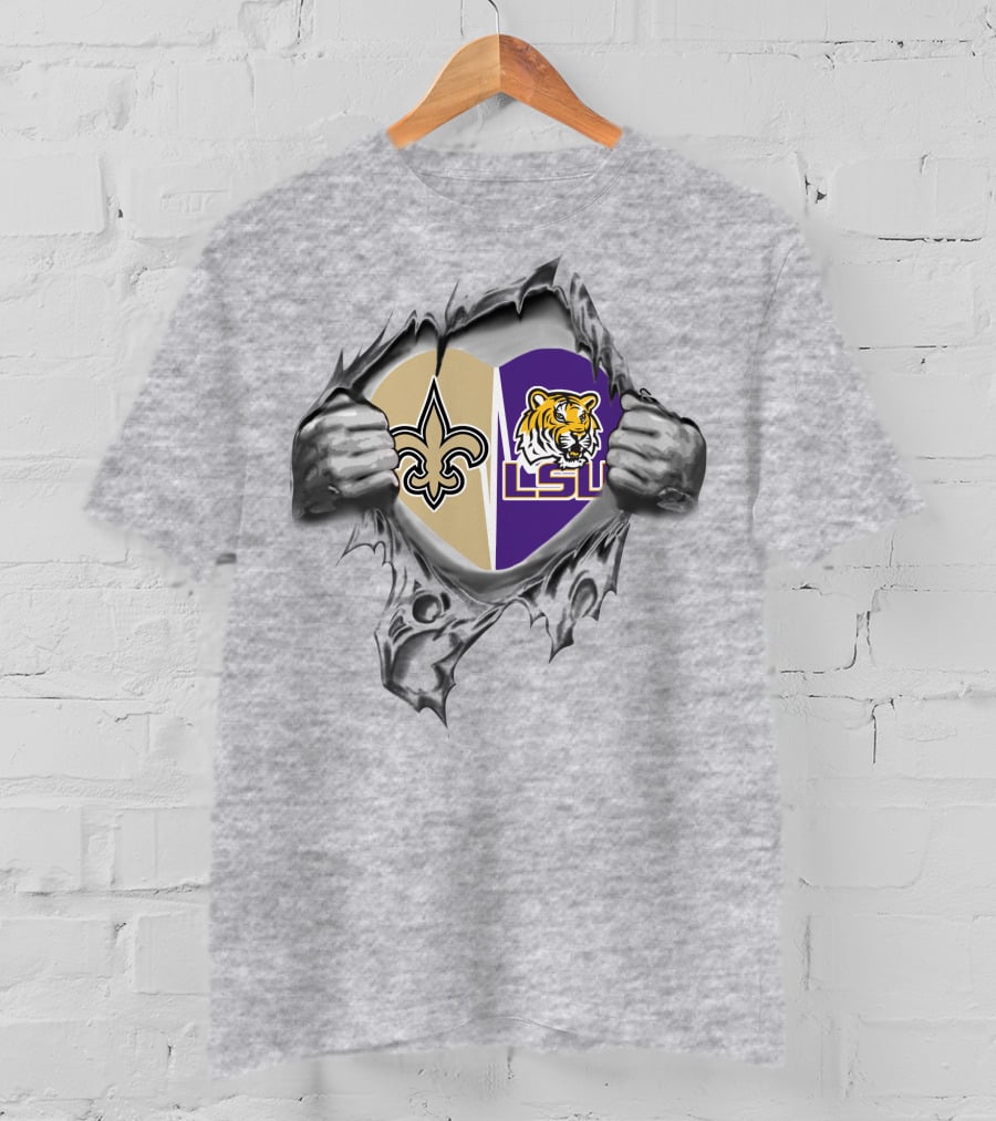 Saints Lsu Heart Torn Open Logo Tiger Inside T-Shirt