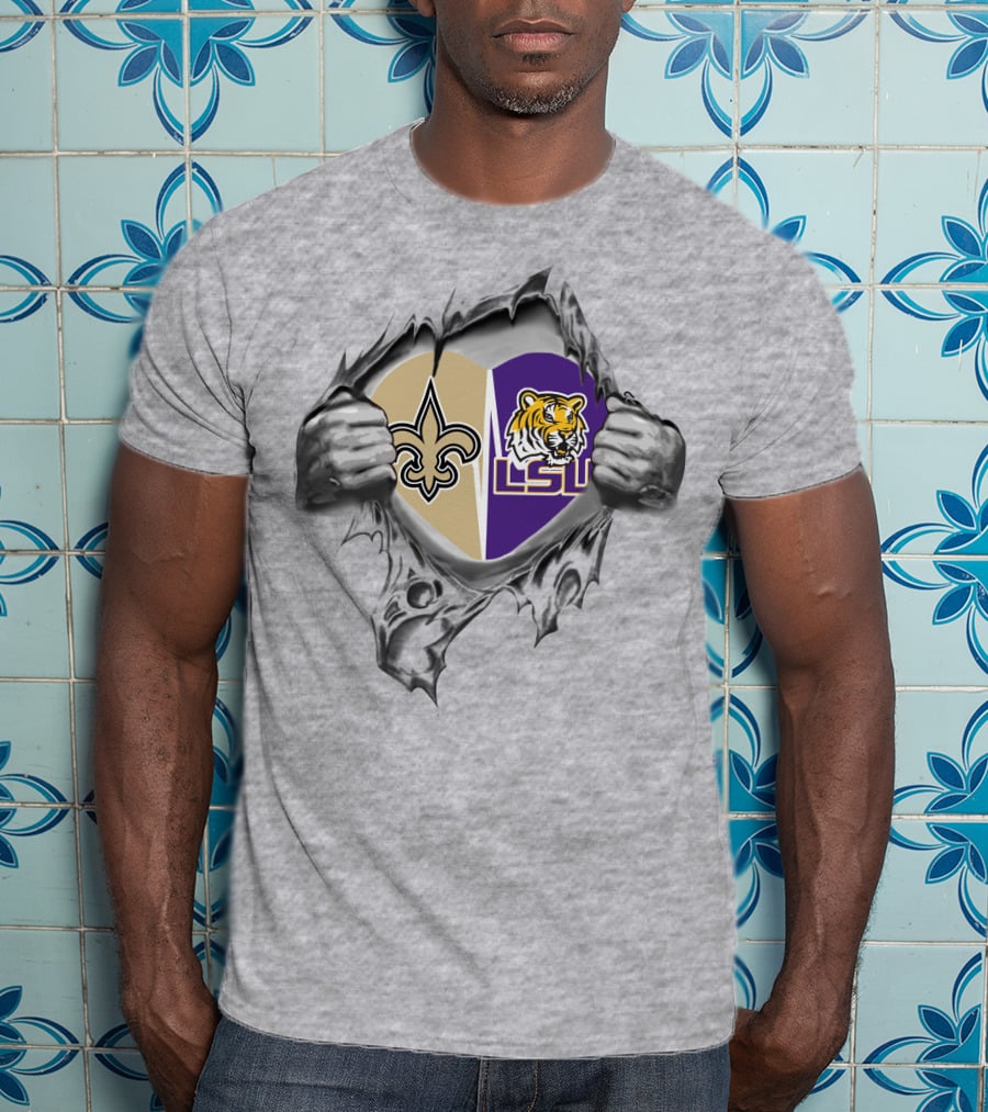 Saints Lsu Heart Torn Open Logo Tiger Inside T-Shirt