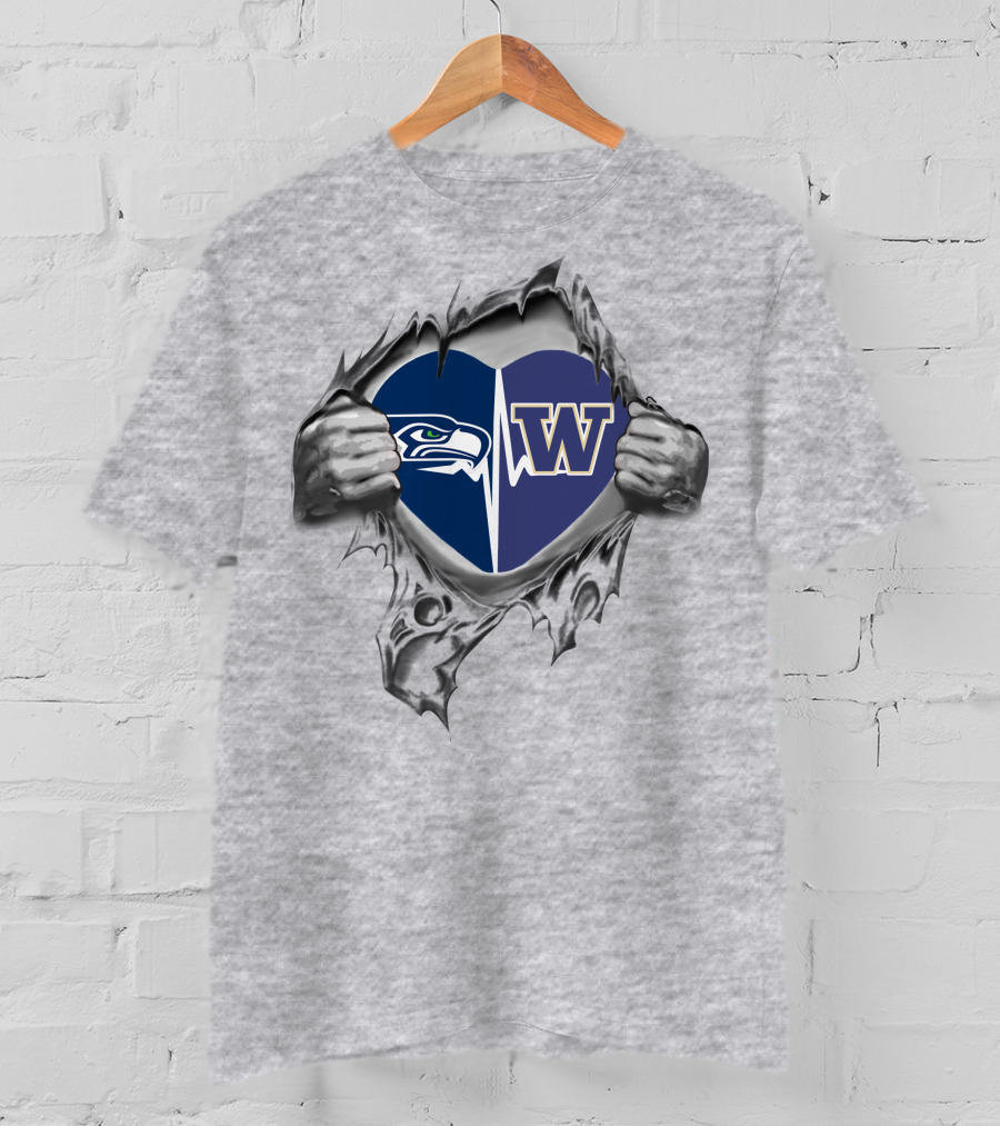 Seahawks Huskies Heart Split Logo Seahawks Heart W T-Shirt