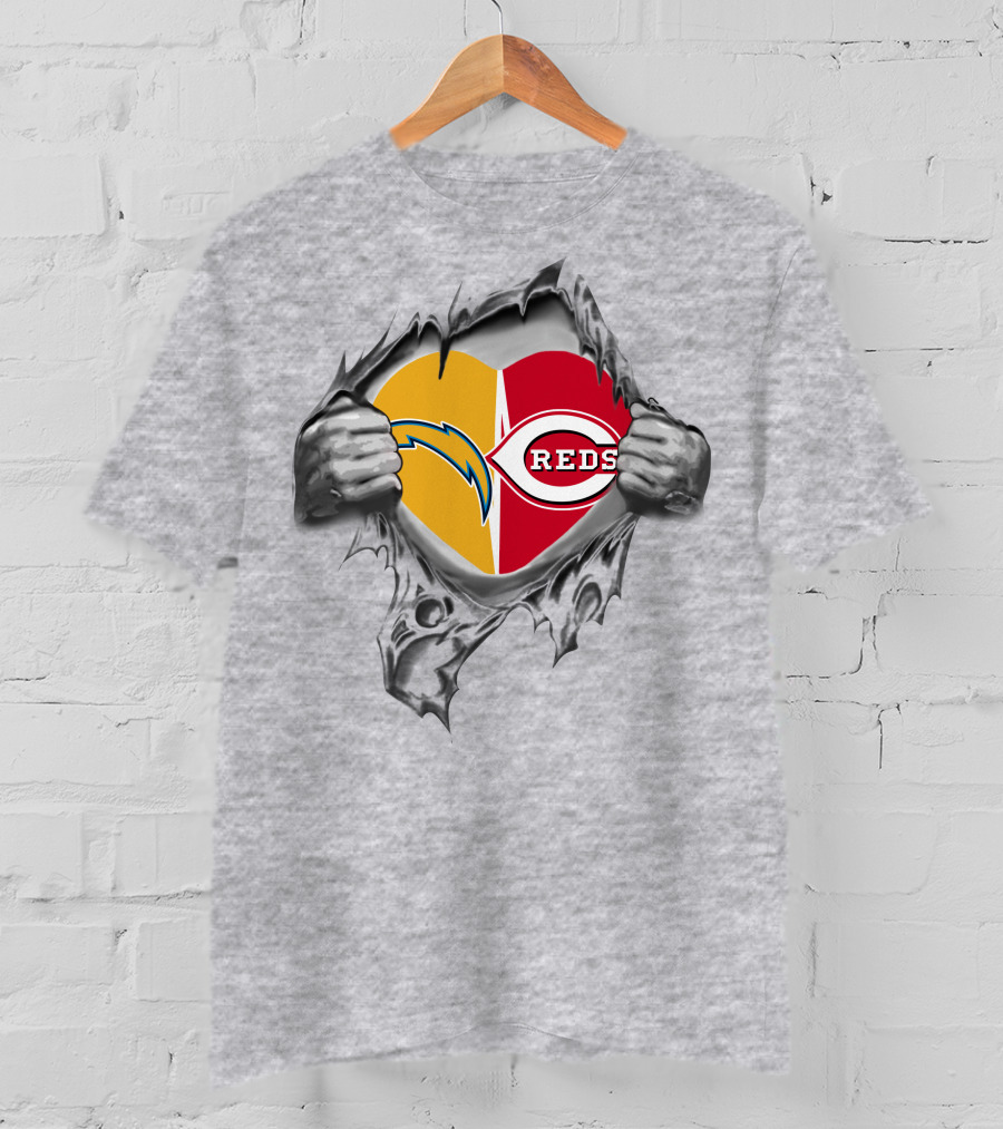 Reds Chargers Heart With Skeleton Hands NFL MLB Crossover T-Shirt