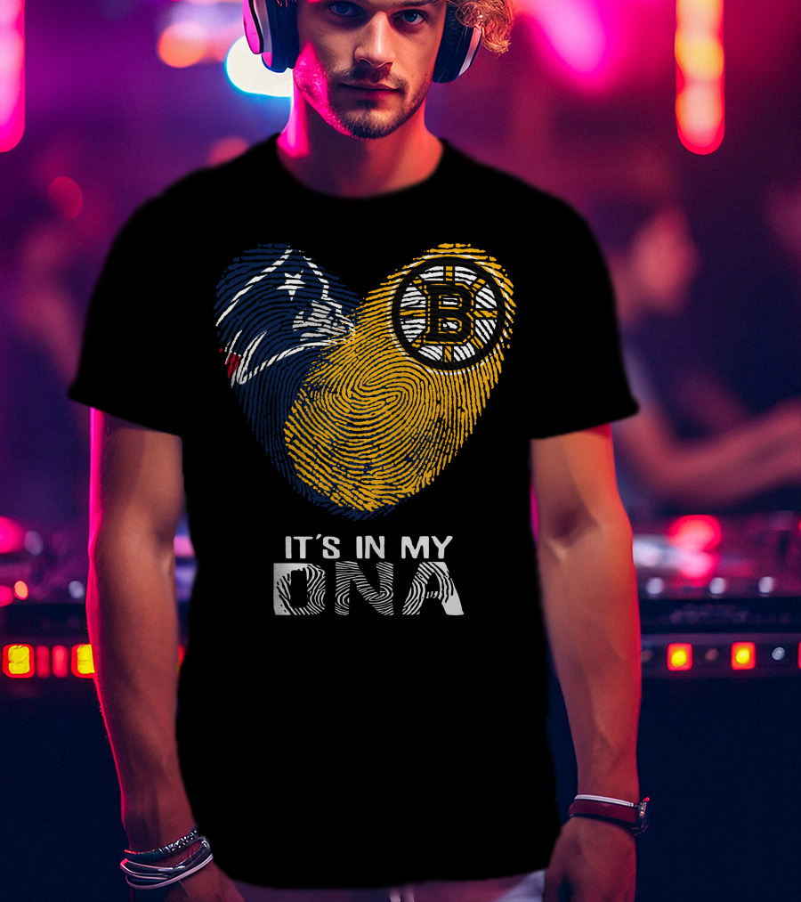 It's In My DNA Patriots Bruins Fingerprint Heart T-Shirt