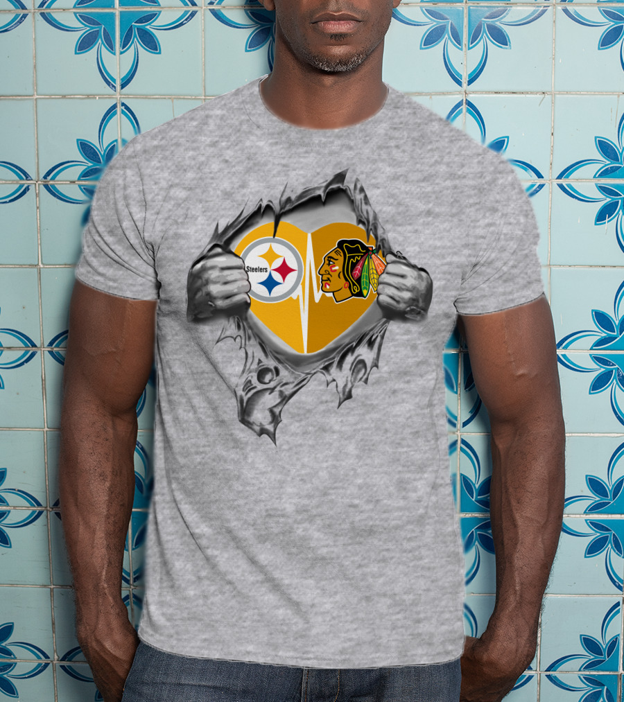 Steelers Blackhawks Heart Logos Torn T-Shirt