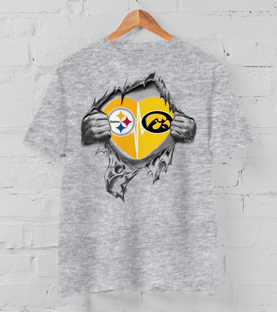 Steelers Hawkeyes Heartbeat Inside Layered Heart T-Shirt