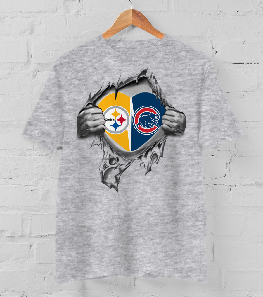 Steelers And Cubs Heart Design With Torn Steel Effect T-Shirt