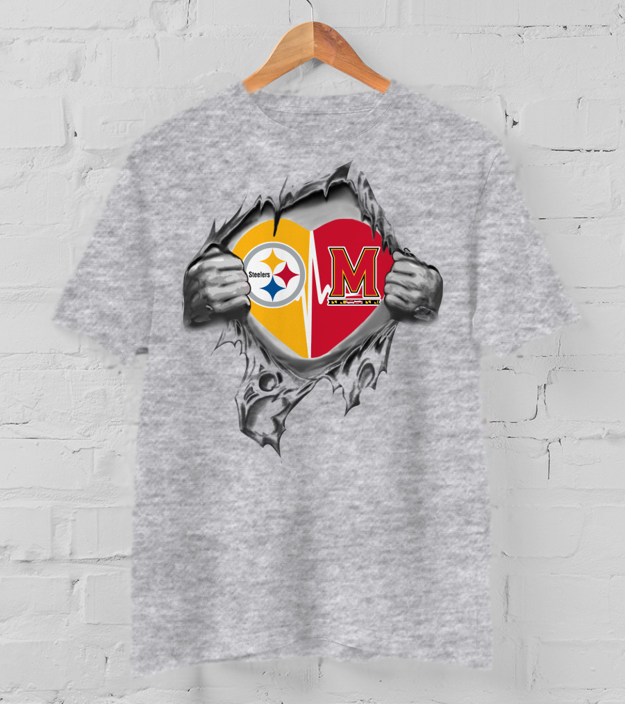 Steelers Maryland Heartbeat With Steelers And Maryland Terrapins Heart T-Shirt