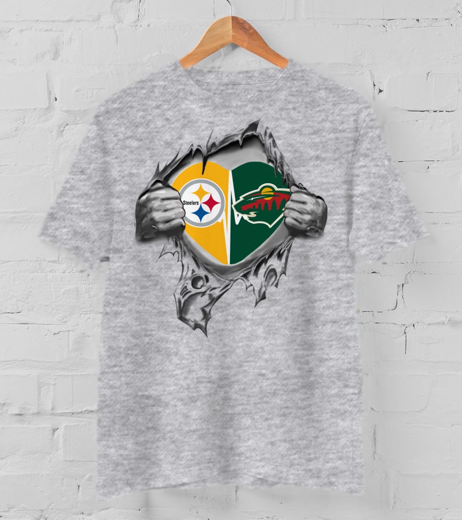 Steelers Wild Heart Logos Burst Through Torn Fabric T-Shirt