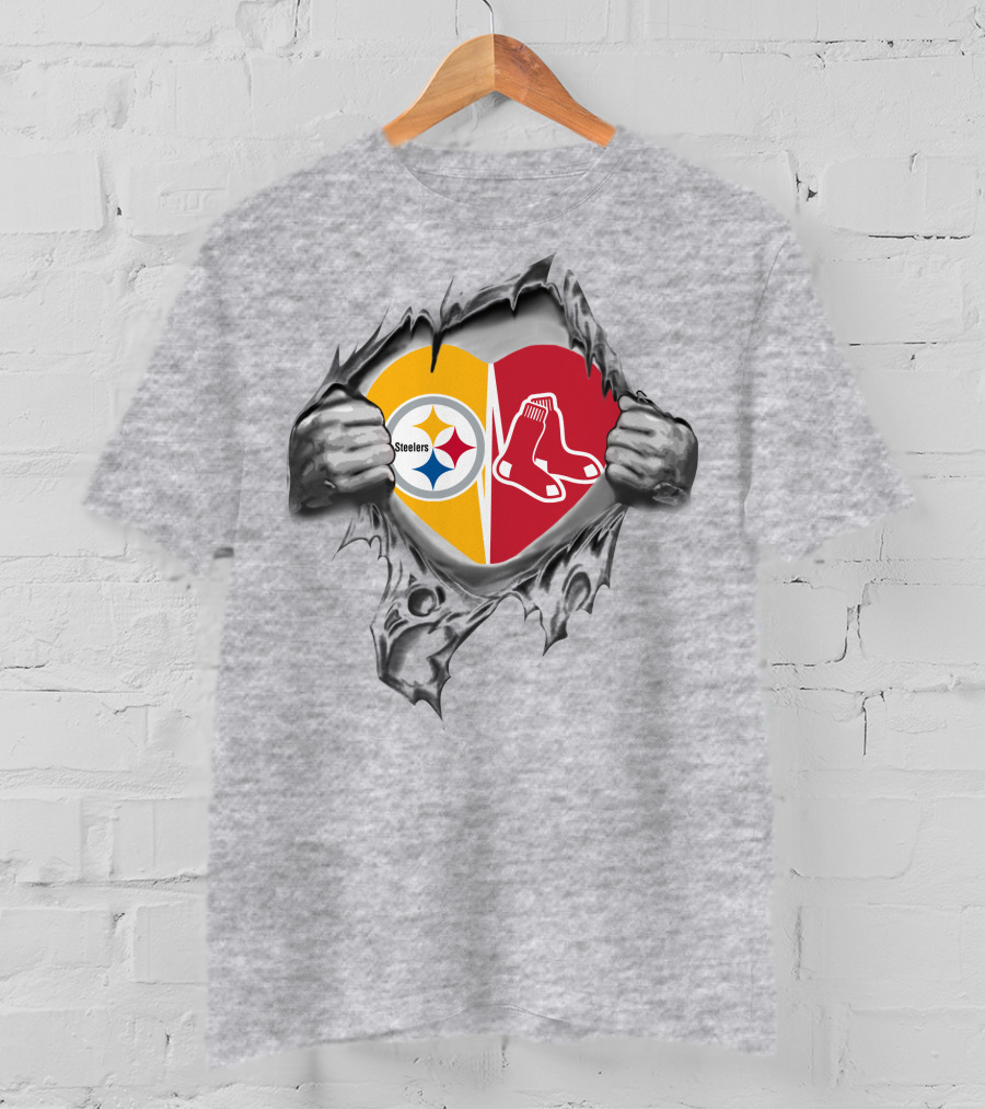 Steelers Redsox Heart Logos Torn Background T-Shirt
