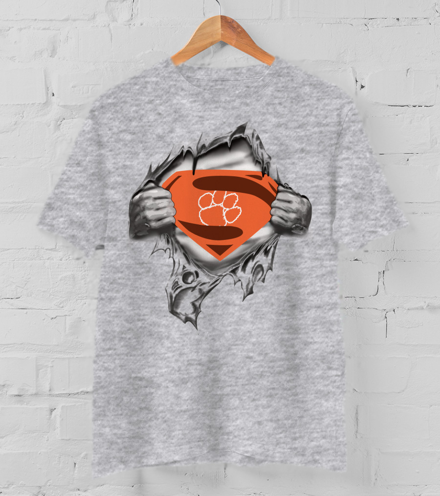 Clemson Tigers Superman Paw Logo Rip Effect T-Shirt