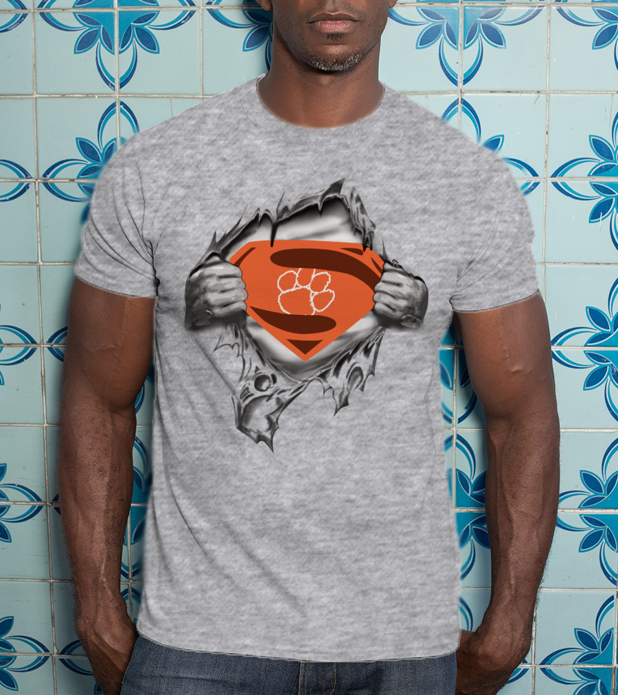 Clemson Tigers Superman Paw Logo Rip Effect T-Shirt