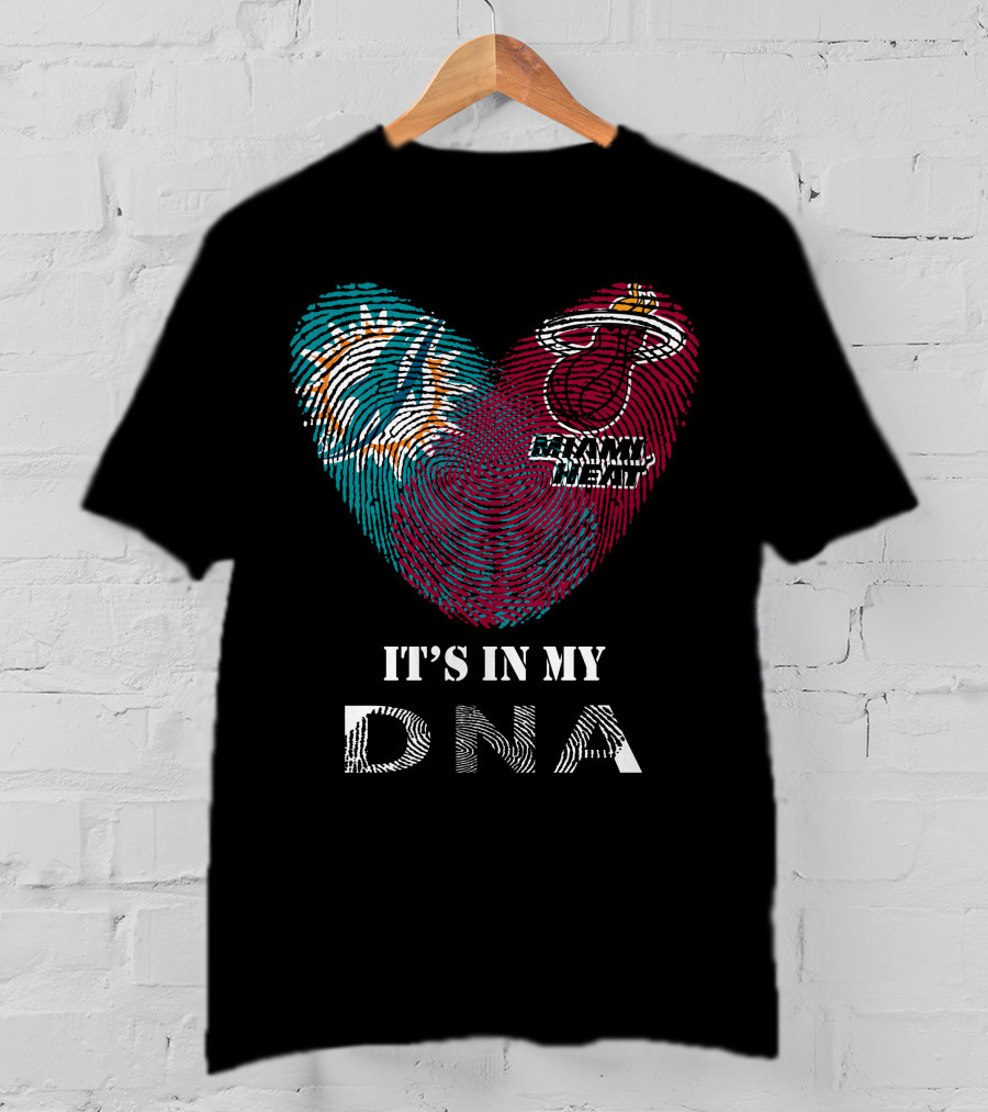 Miami Dolphins Miami Heat It's In My Dna Fingerprint Heart T-Shirt