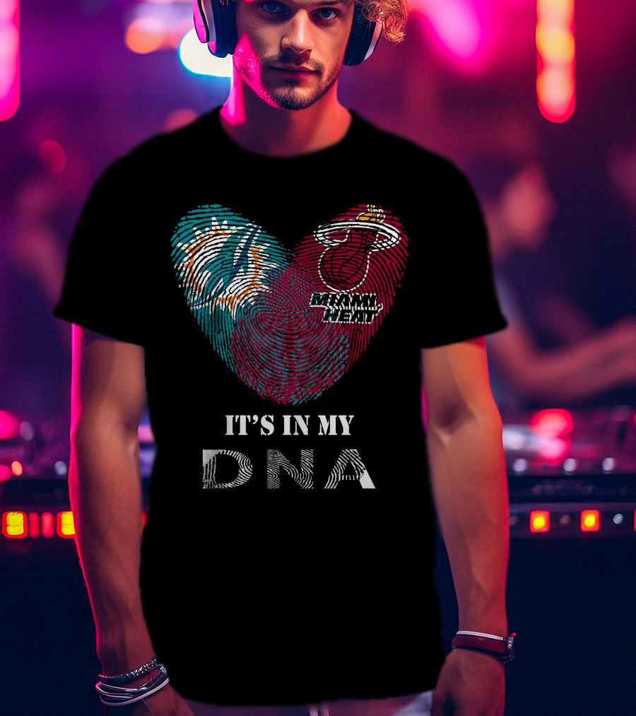 Miami Dolphins Miami Heat It's In My Dna Fingerprint Heart T-Shirt