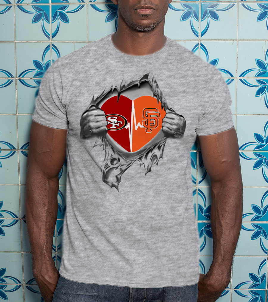 49ers Giants Heartbeat Logo Blended In Torn Heart T-Shirt