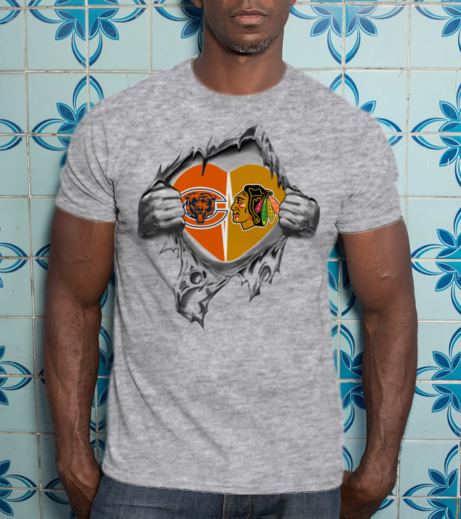 Chicago Bears Blackhawks Heart Logo Fusion T-Shirt