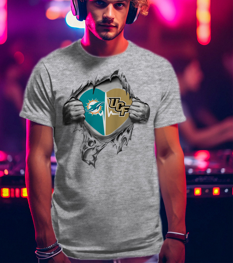 Miami Dolphins UCF Combination Heart Logos Symbolic Unity T-Shirt