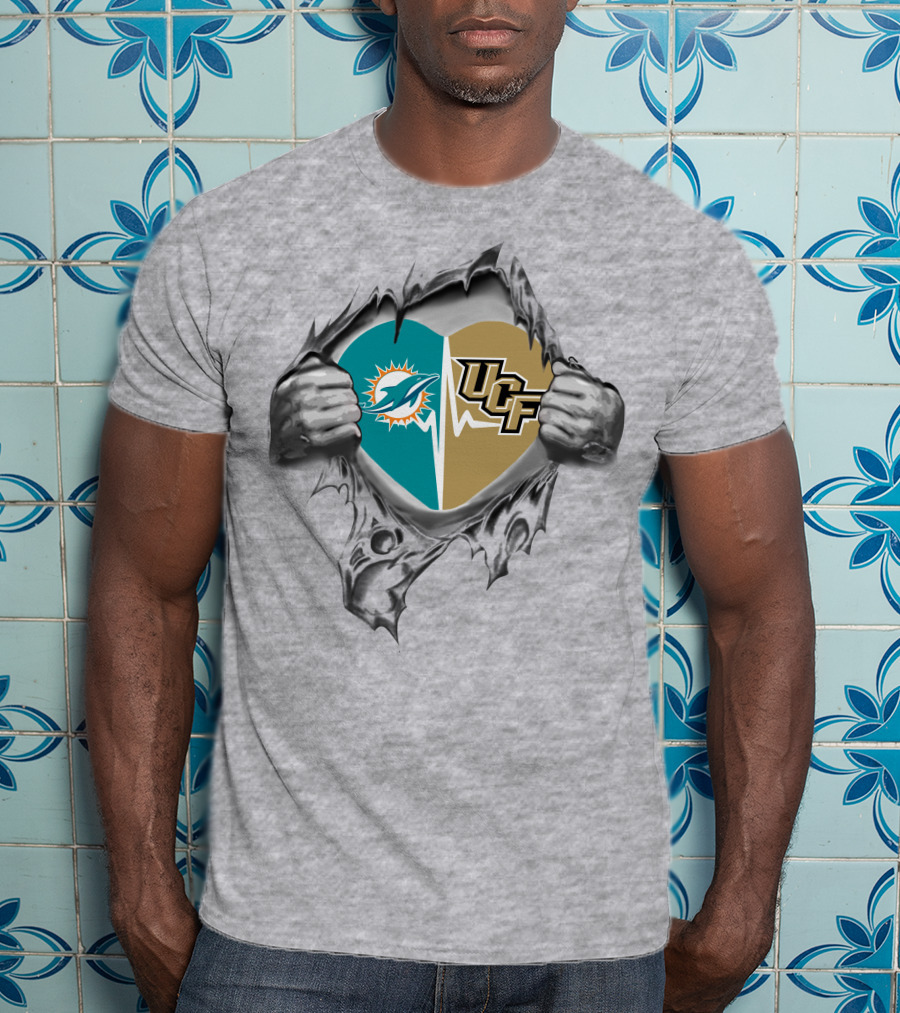 Miami Dolphins UCF Combination Heart Logos Symbolic Unity T-Shirt