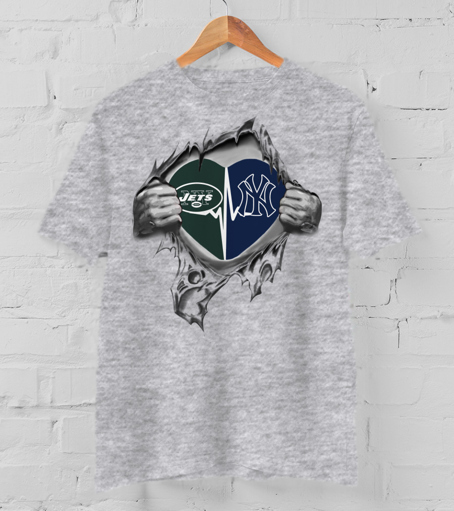 Jets Yankees Heart Logo With Hands Tearing T-Shirt