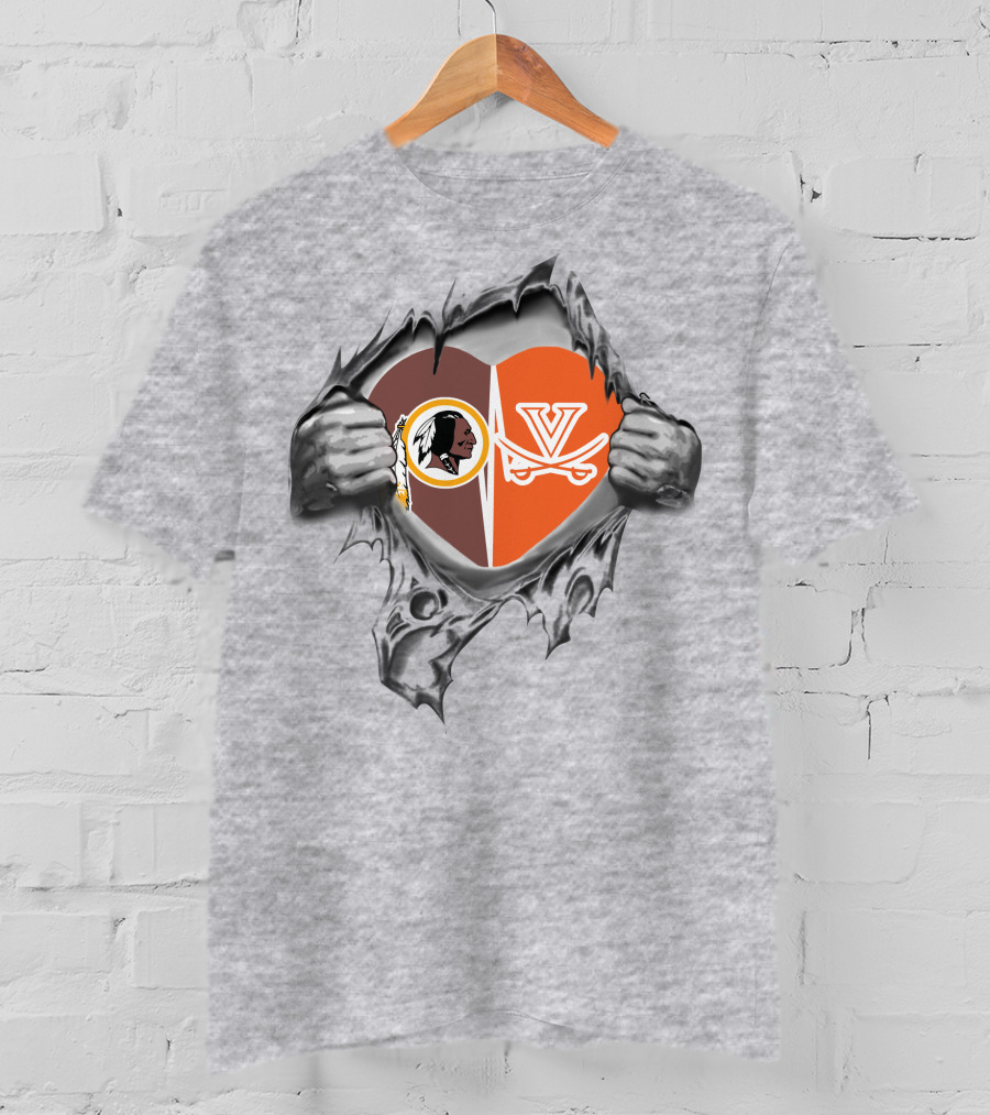 Redskins Cavaliers Heart Design With Washington And Virginia Logos T-Shirt