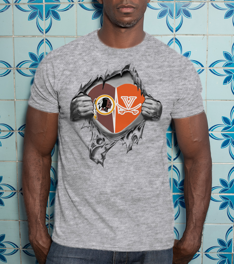 Redskins Cavaliers Heart Design With Washington And Virginia Logos T-Shirt