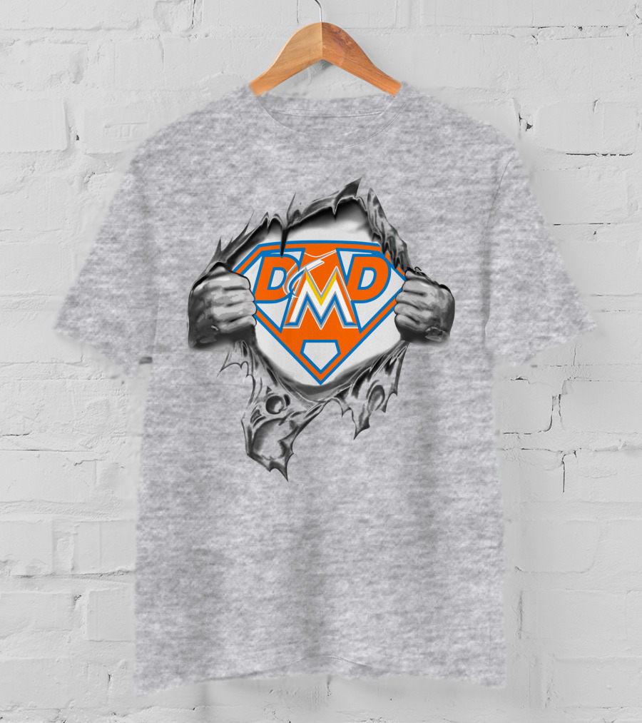 Miami Marlins Dad Super Hero Busting Through T-Shirt