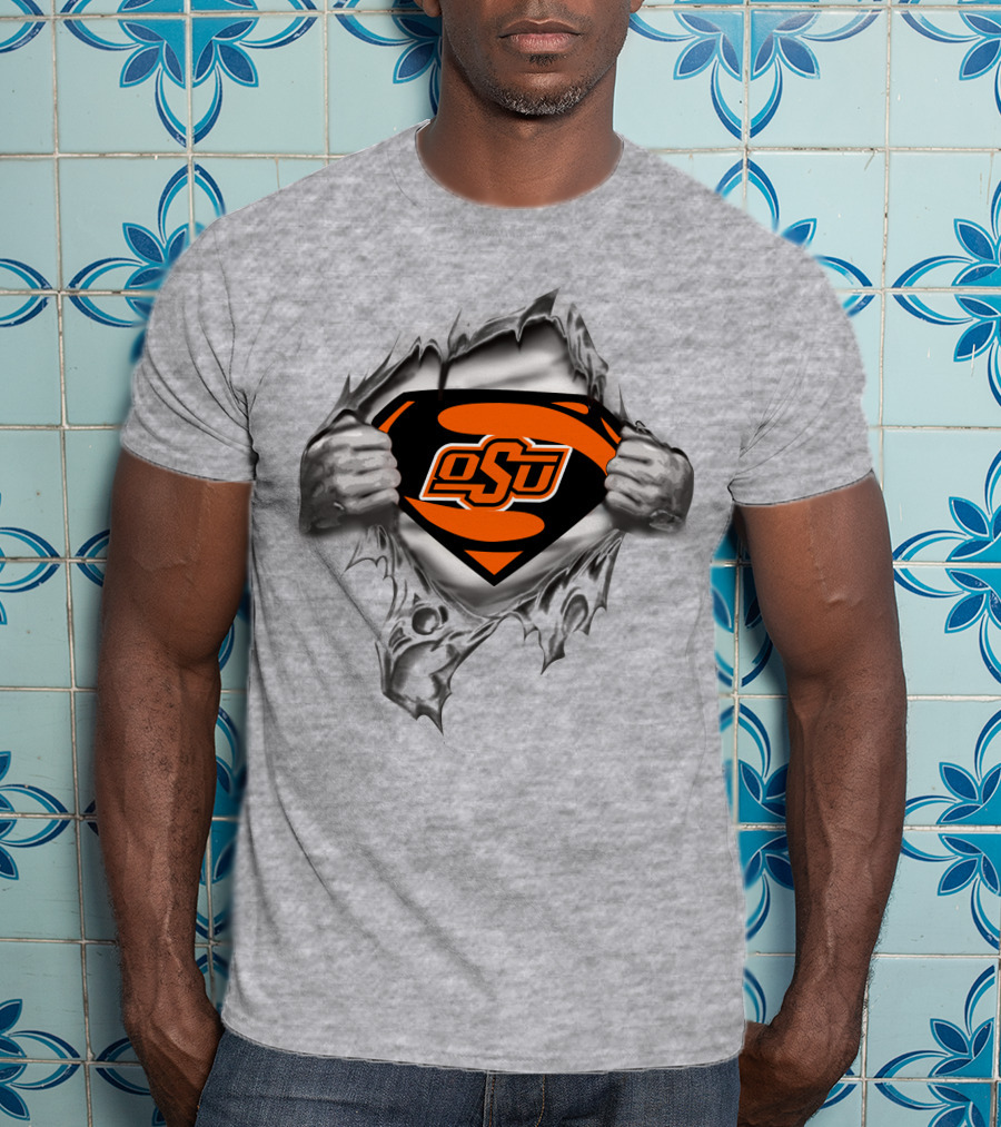 Osu Oklahoma State Cowboys Super Man Logo Rip T-Shirt
